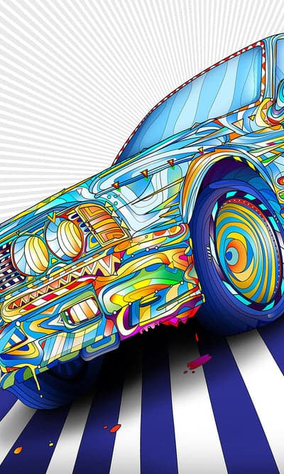 Psychedelic Car Art with Bold Colors and Stripes