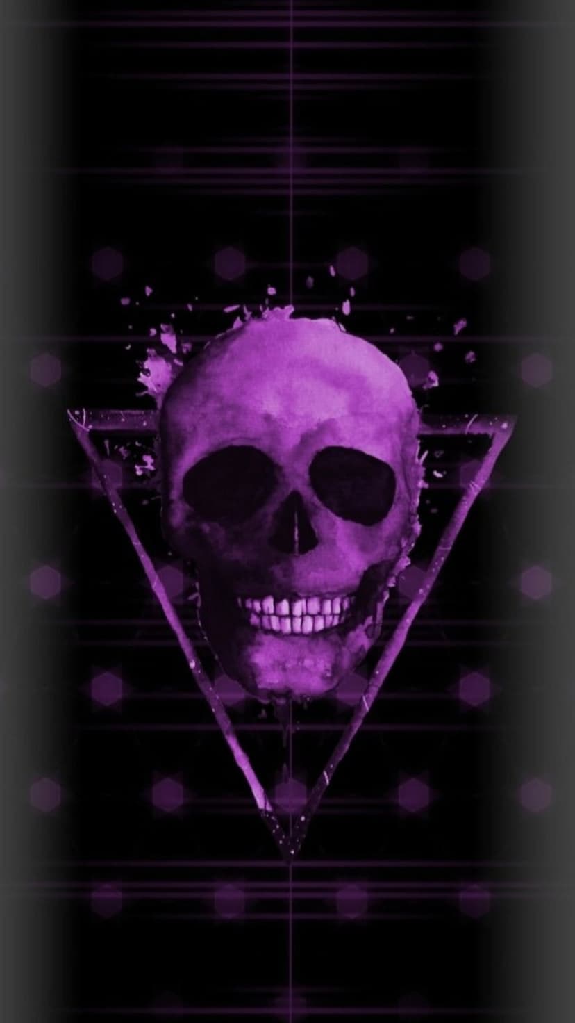 Violet skull glowing inside a neon triangle frame over a dark background with light streaks and hexagons.