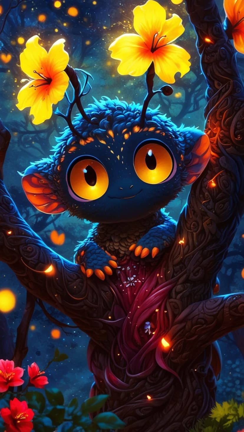 Blue fluffy creature with glowing orange eyes and yellow flower antennae sits on a gnarled tree branch in a forest.