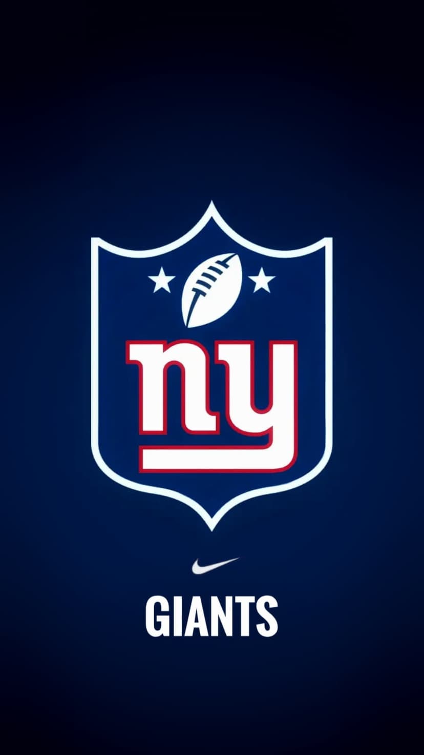 New York Giants shield logo with red football and white NY monogram above a bold GIANTS wordmark on blue.