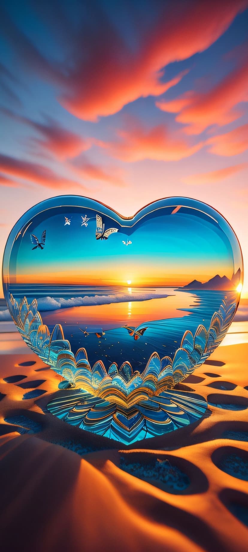 Heart-shaped crystal on a beach magnifies a sunset over ocean waves with purple butterflies fluttering nearby.