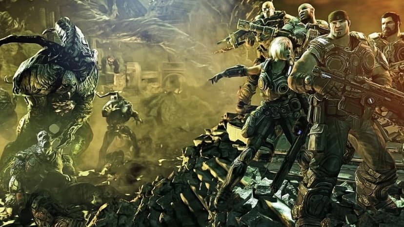 Marcus Fenix and Delta Squad face a giant creature amidst ruins in a dusty, sepia-toned battle scene.