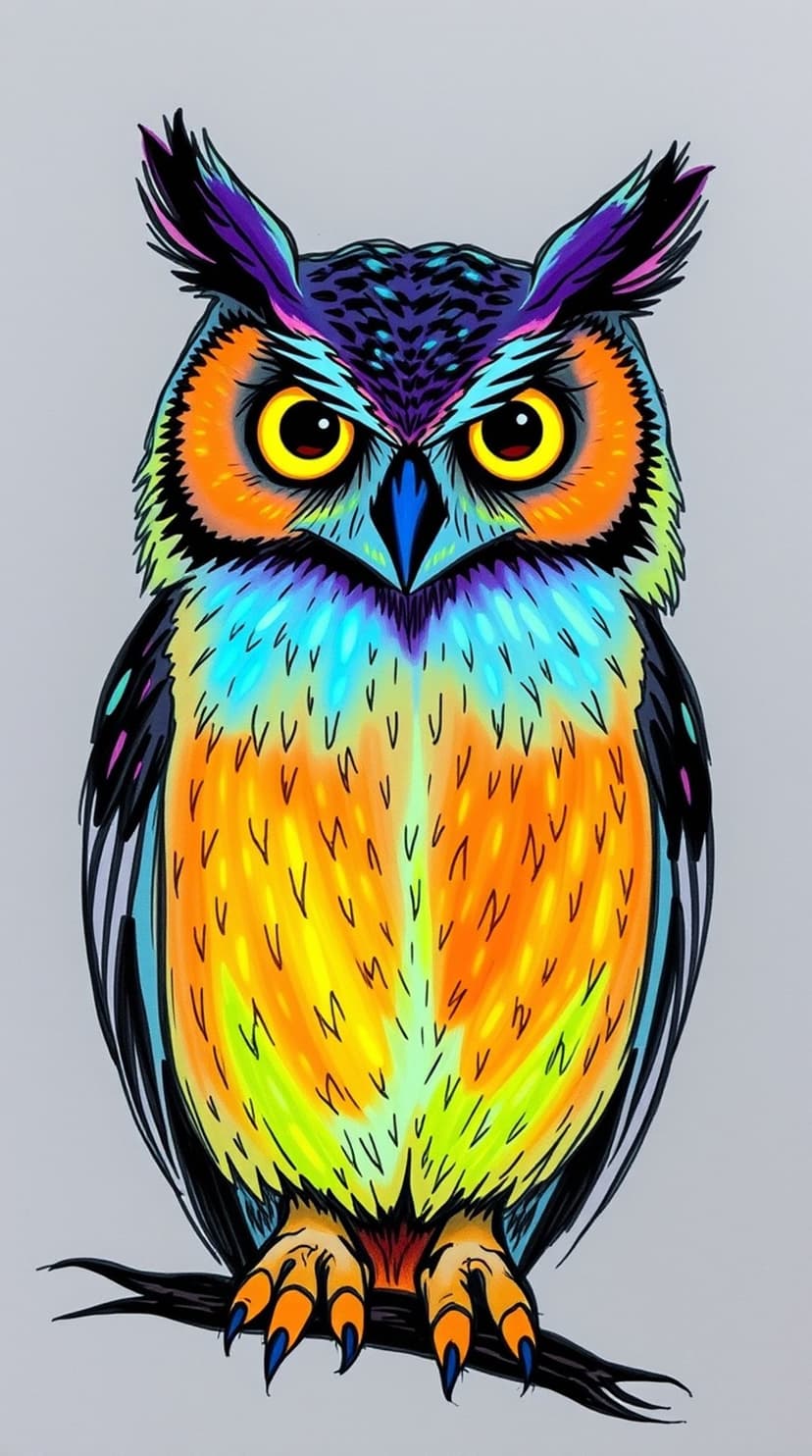 Owl with vibrant rainbow feathers and yellow eyes sits on a dark branch against a minimalist grey background.