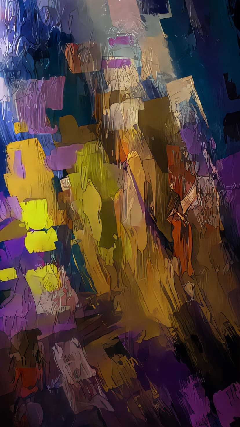 Abstract city skyline composed of interlocking colorful triangles and squares with thick paint textures.