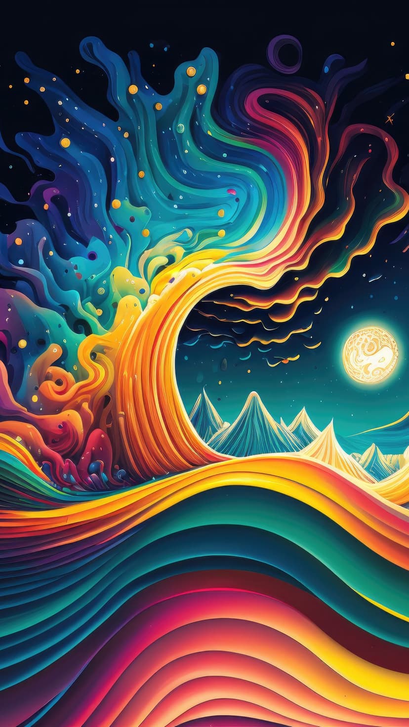 Swirling rainbow energy wave flows above glowing neon mountain peaks under a luminous moon in a starry night sky.