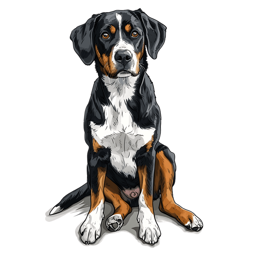 Entlebucher Mountain Dog portrait featuring tri-color fur and brown eyes against a solid black background.