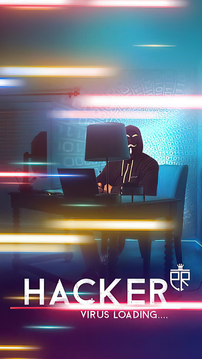 Masked figure wearing a Guy Fawkes disguise sits at a glowing laptop with hacker and virus loading text.