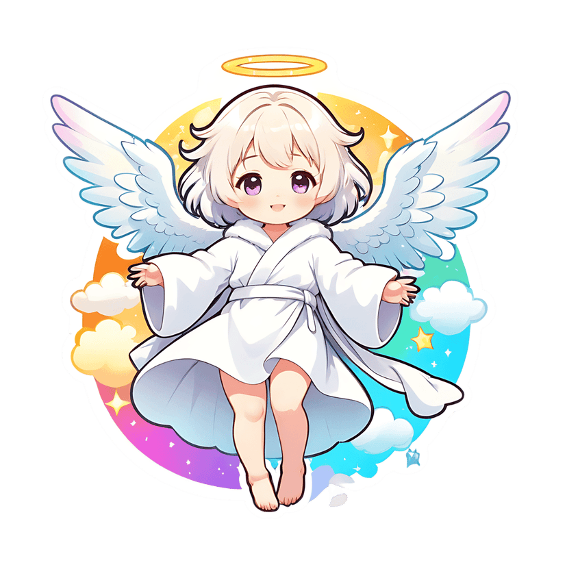 Chibi angel character with white wings and a golden halo floats against a colorful rainbow sky with stars.