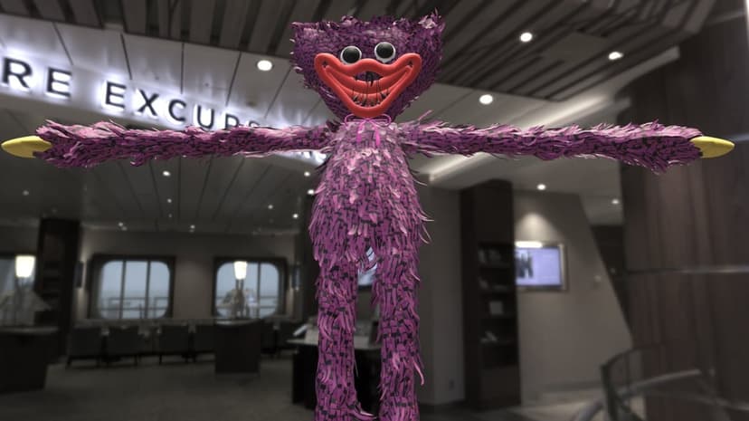 Purple furry monster with a wide red grin and yellow hands stands in a T-pose inside a blurred modern lounge.