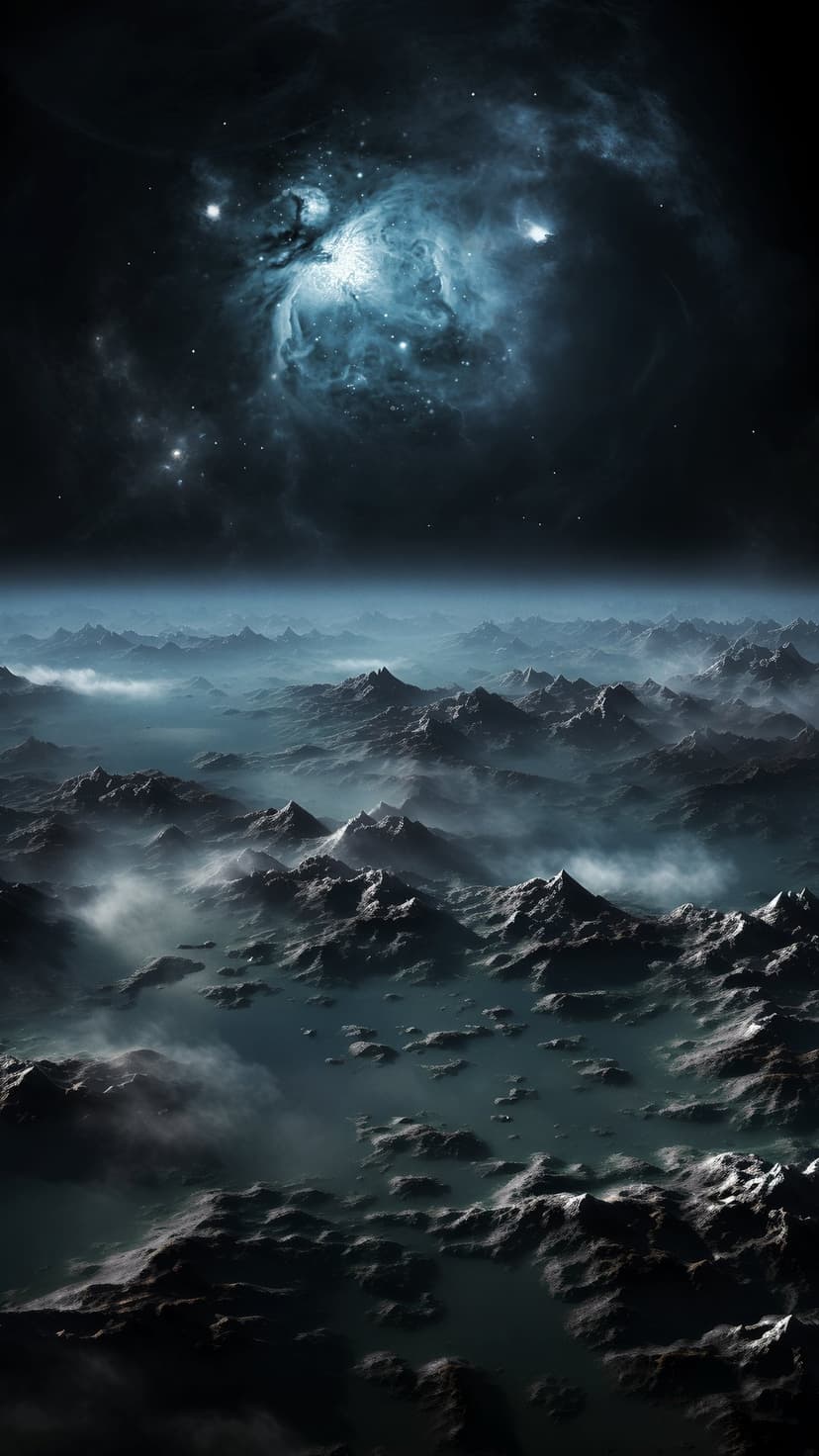 Jagged purple mountains pierce through dense mist beneath a swirling celestial nebula in a deep space landscape.