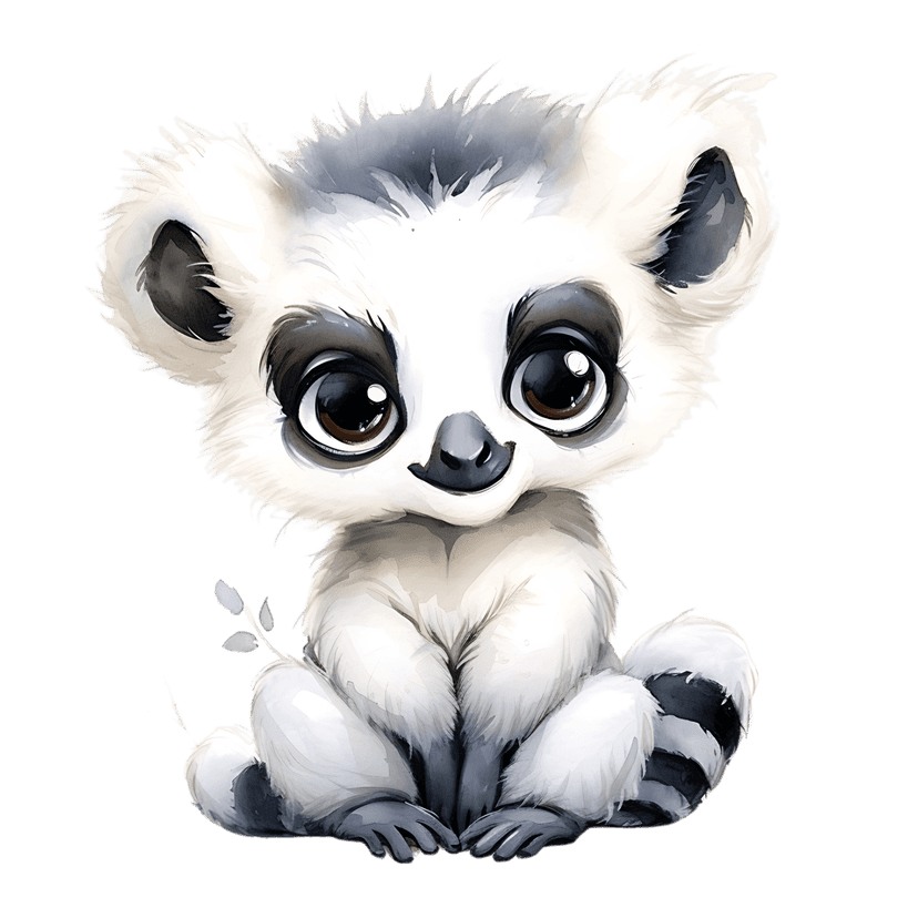 Baby ring-tailed lemur watercolor art showing a seated primate with a long striped tail and fluffy grey fur.