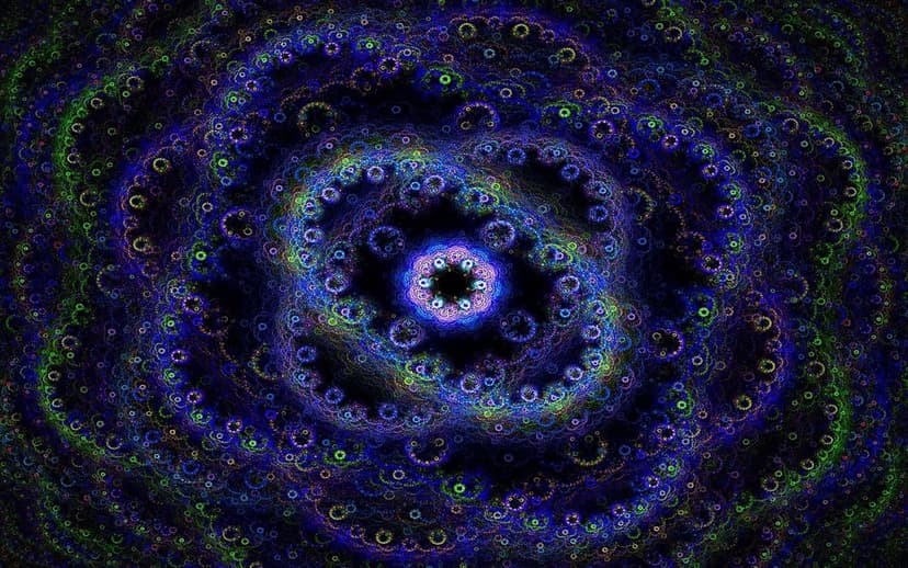 Teal and sapphire fractal spirals forming a luminous flower-like structure on a dark backdrop.