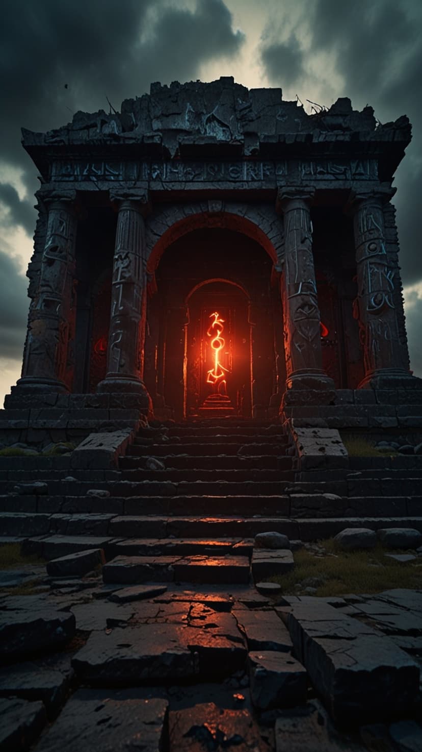 Crumbling stone columns flank a glowing orange fire portal under a dark stormy sky with weathered steps leading up.