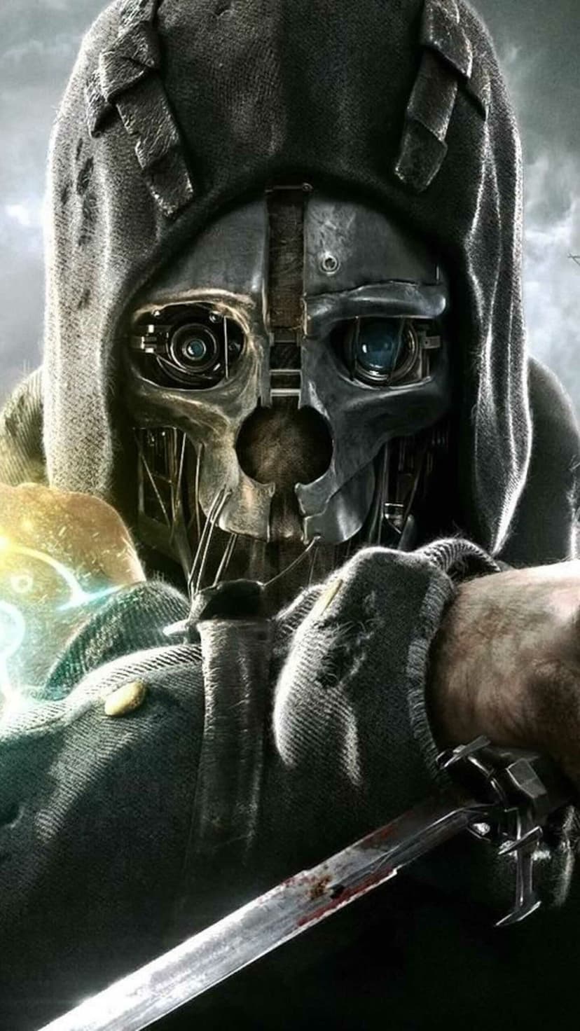 Mechanical skull mask with a glowing blue eye, dark hood, and a blood-stained blade in the foreground.
