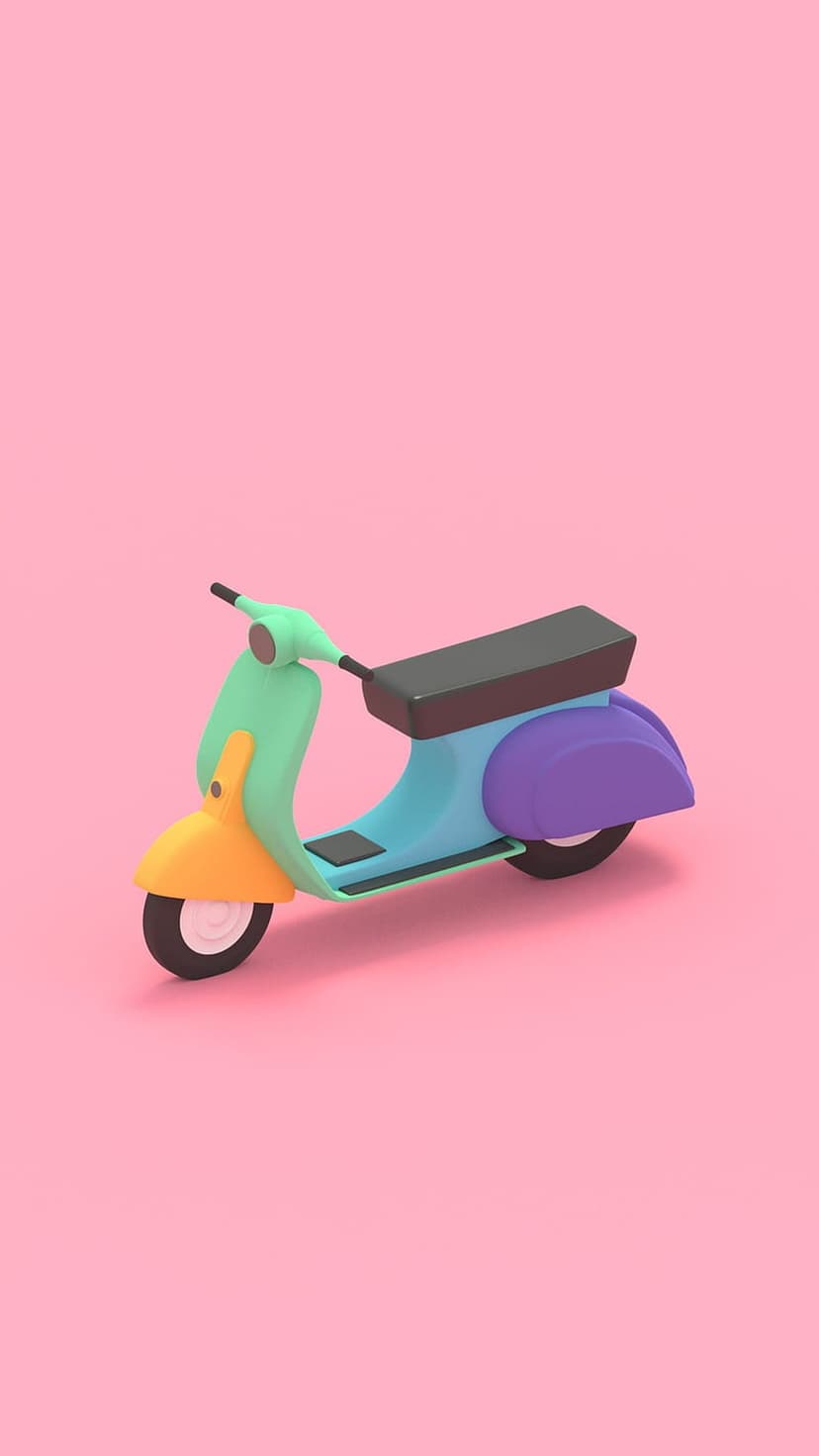 Retro moped in mint and purple tones floats in an isometric 3D perspective over a uniform light pink surface.