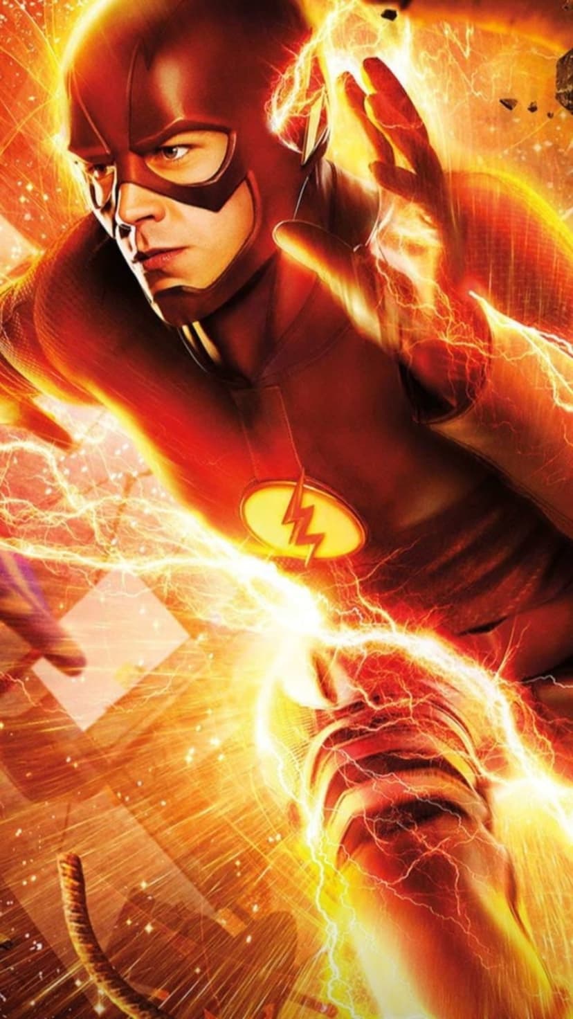The Flash sprints forward while surrounded by streaks of golden lightning and red motion blur in a dynamic pose.