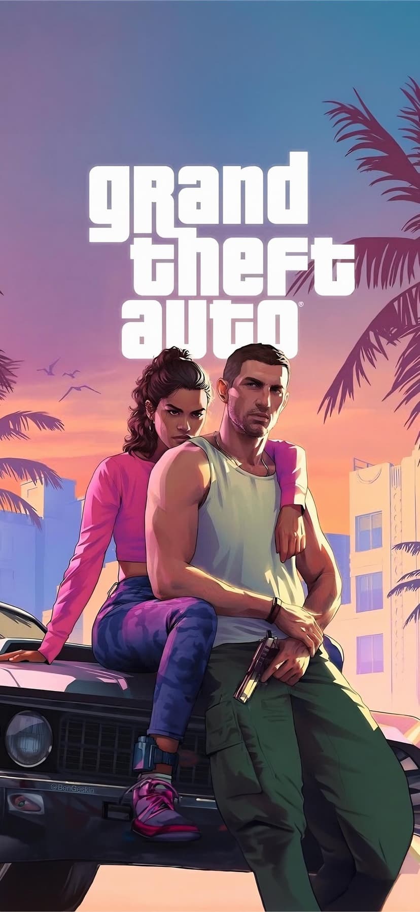 A couple sits on a car hood against a neon pink sunset sky with palm trees and a distant city skyline.
