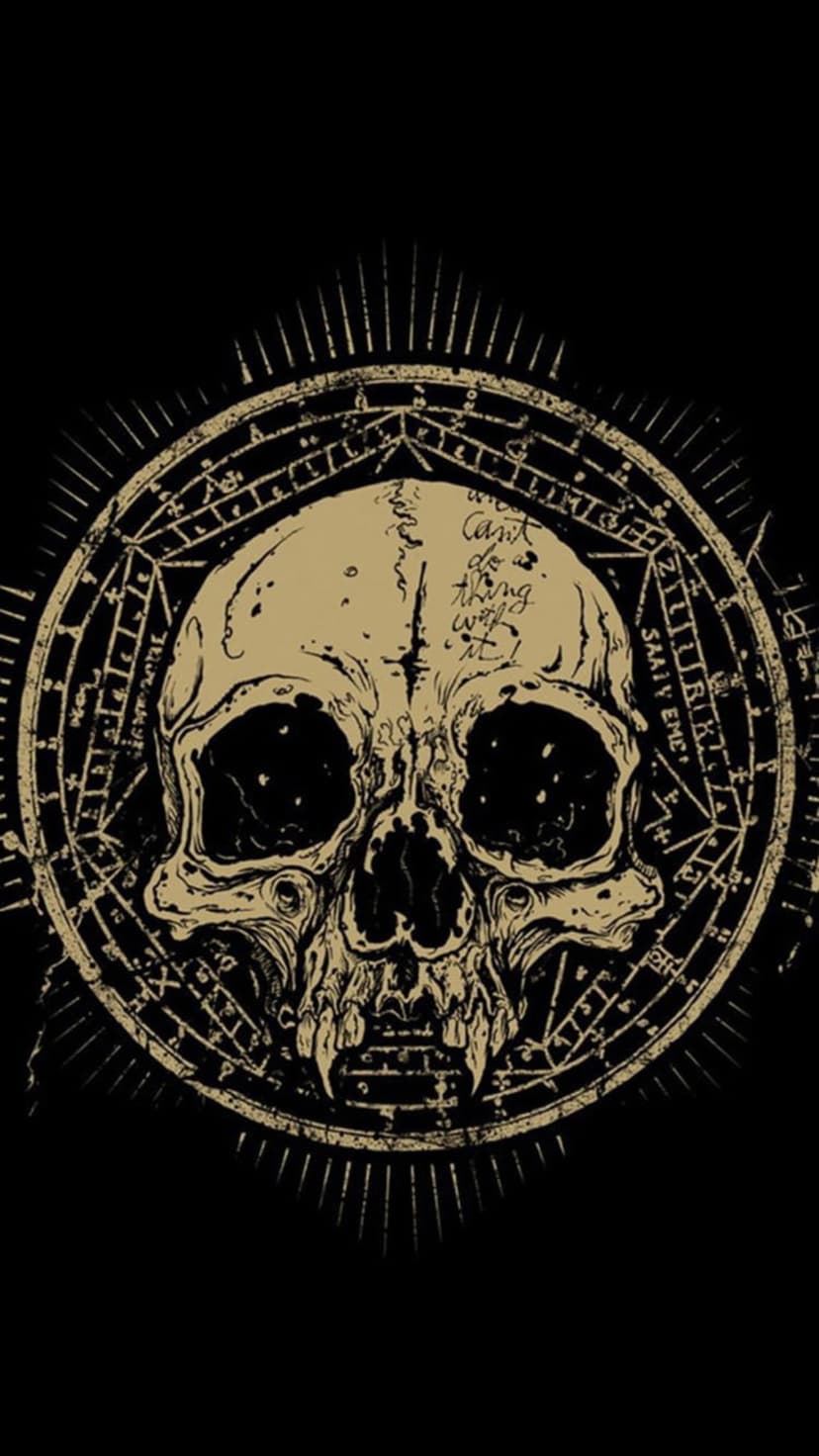 Weathered skull centered in a runic circle with celestial sunburst rays and handwritten forehead markings.