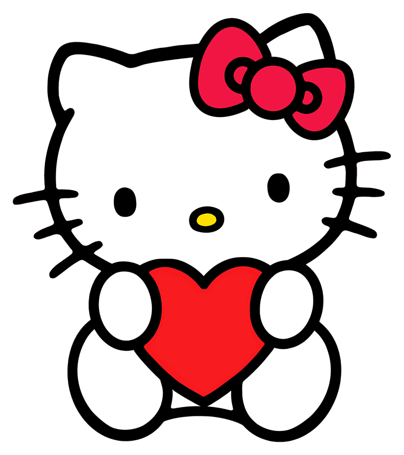 Hello Kitty character with a large red heart and signature pink bow on a white background in flat vector style.