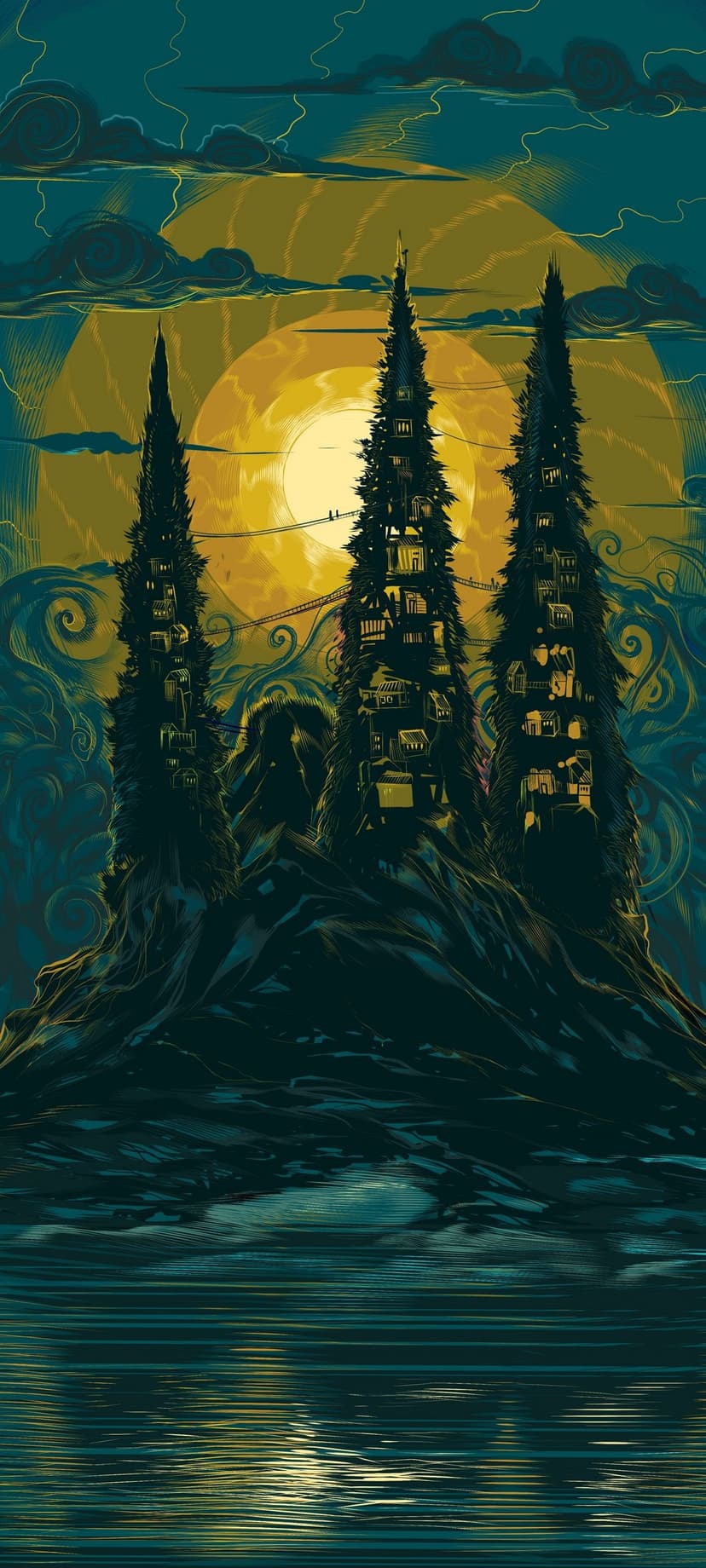 Towering spire-like tree houses with glowing windows sit on a moonlit cliff above a reflective lake at night.