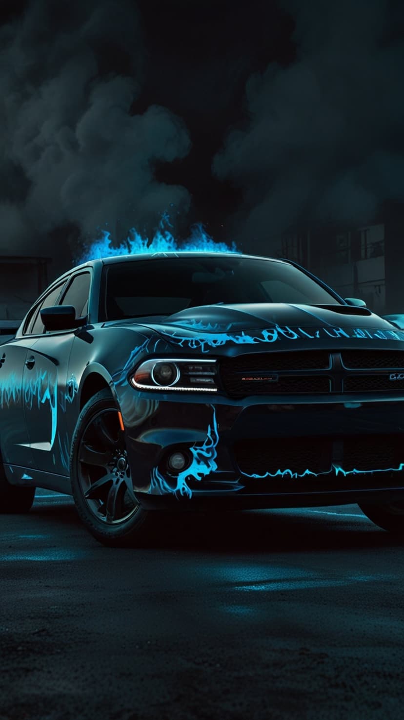 Black Dodge Charger with glowing blue fire decals parked on wet pavement amidst thick dark smoke at night.
