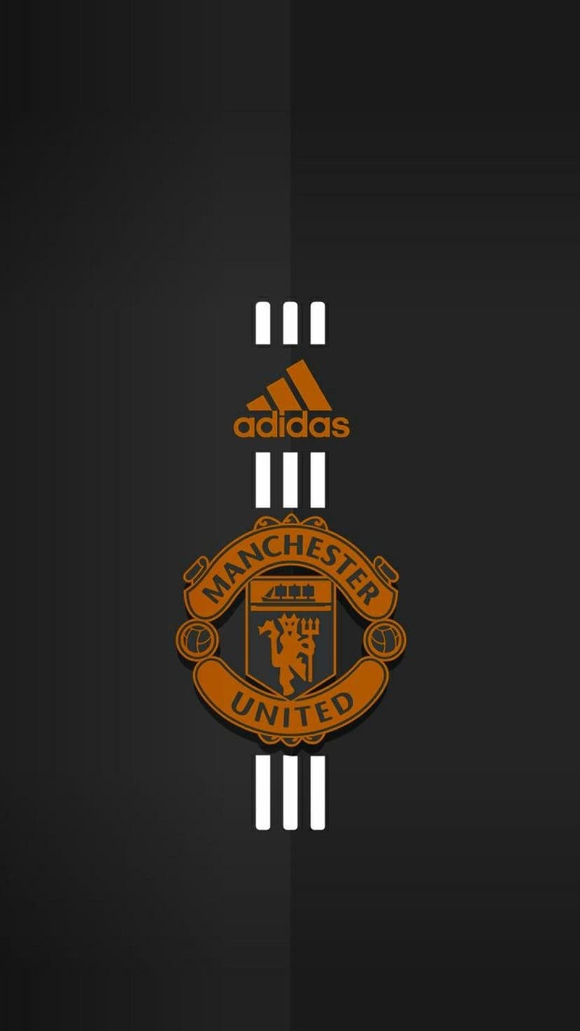 Manchester United crest and Adidas logo in orange glow between white vertical stripes on a dark black background.