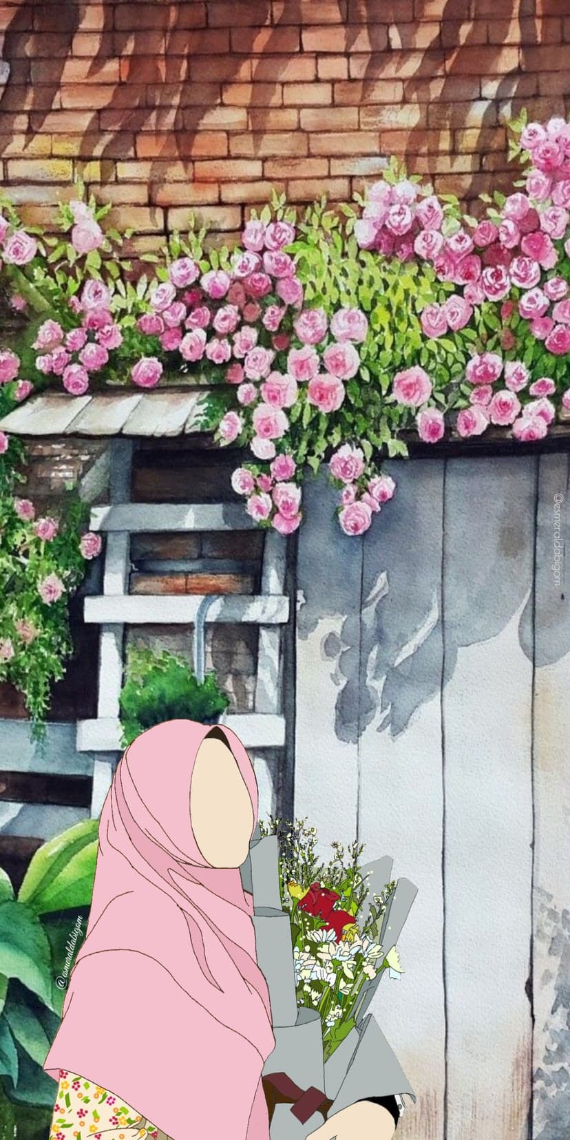 Woman in a pink hijab holds a bouquet of flowers standing before a rustic brick wall covered in blooming roses.