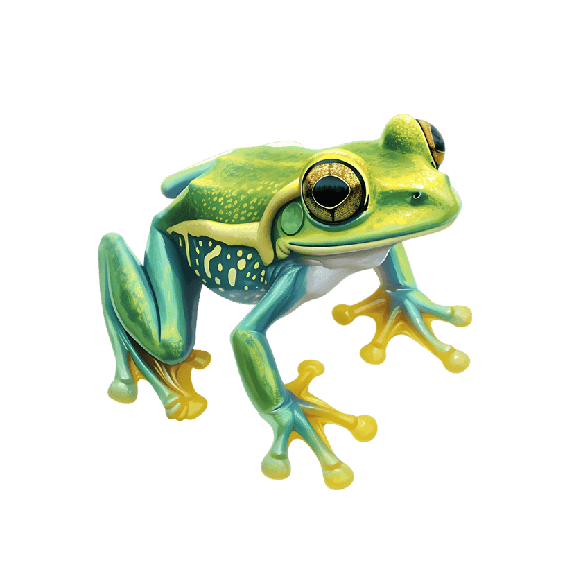 Green tree frog digital illustration showcasing glossy skin and bright yellow feet on a black background.