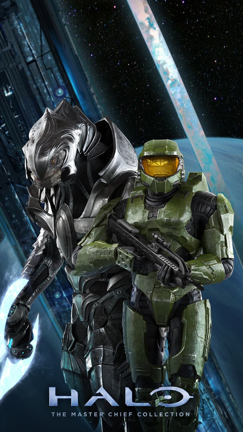 Master Chief and the Arbiter stand against a space backdrop featuring a Halo ring and Forerunner architecture.