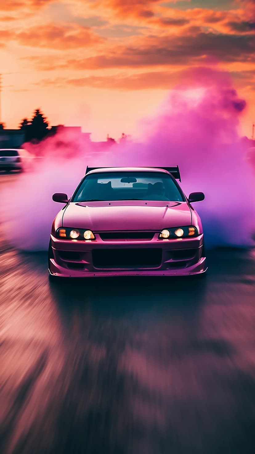 Pink sports car drifts through vibrant fuchsia tire smoke against an orange and coral sunset sky background.