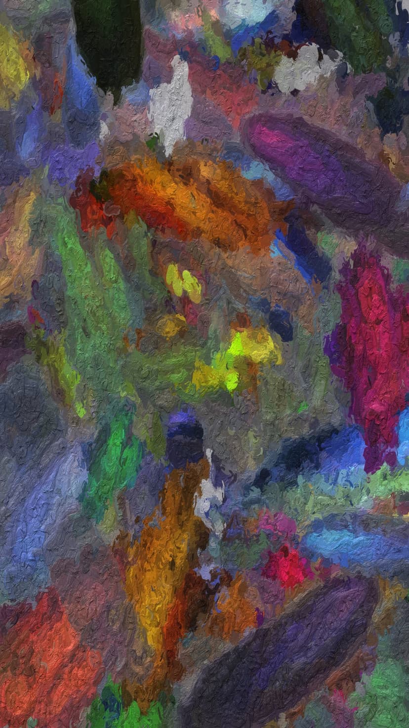 Swirling organic shapes in purple and orange blend with green brushstrokes over a textured earthy background.