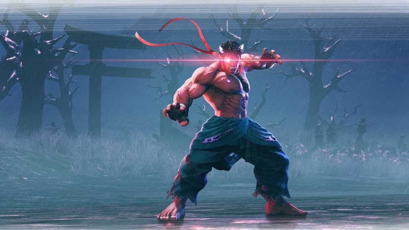 Kage from Street Fighter in a combat stance with glowing red eyes and tattered blue pants in a misty forest.