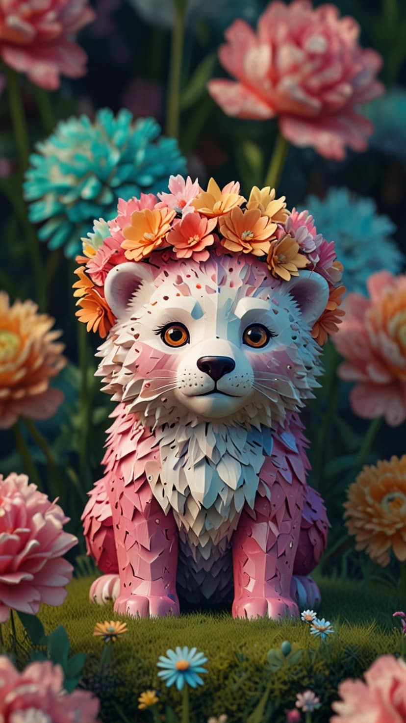 Pink fennec fox with large ears wearing a crown of orange and pink flowers amidst a blurred garden background.