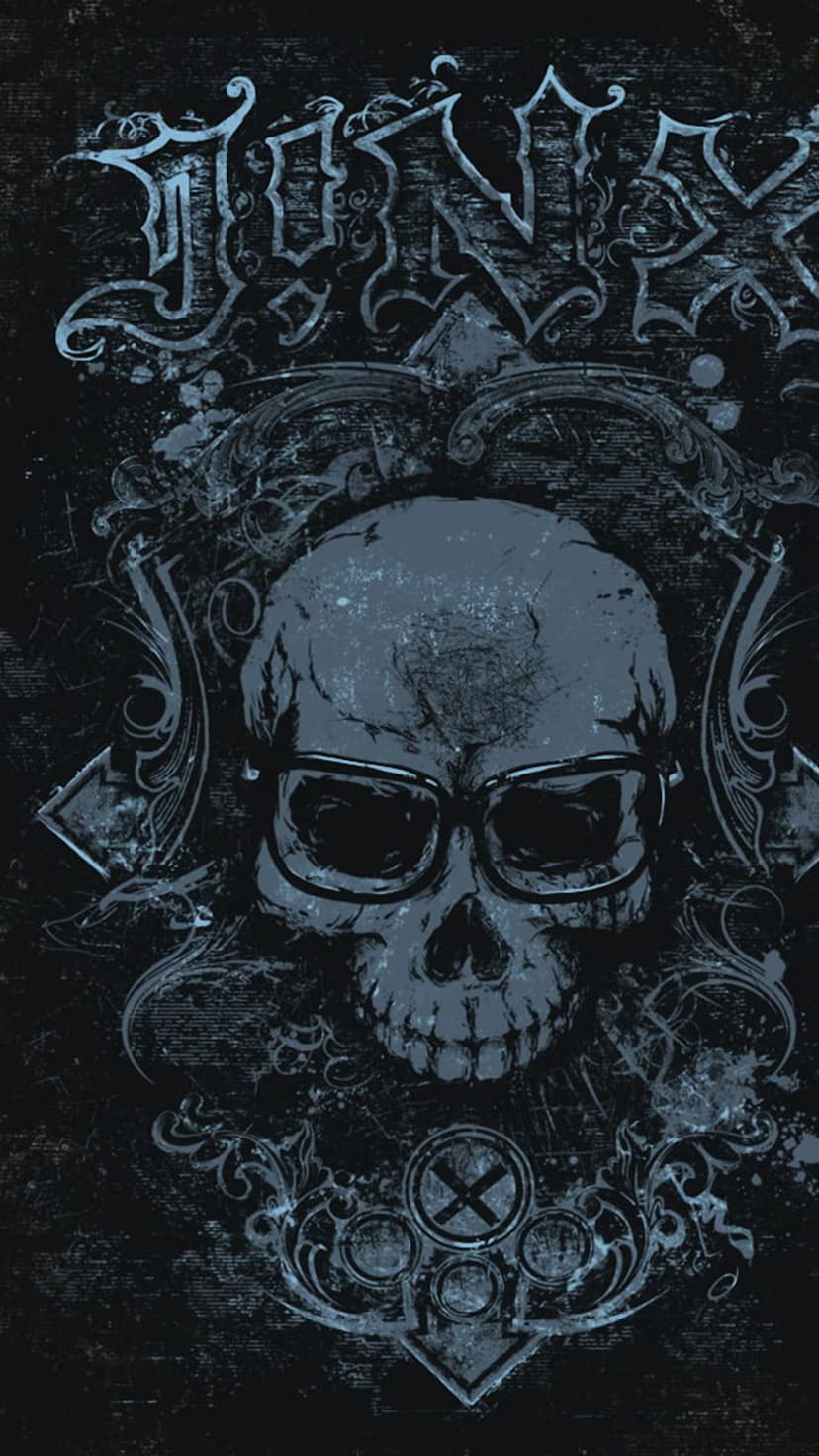 Human skull wearing thick glasses surrounded by ornate vintage borders and weathered textures on a dark background.