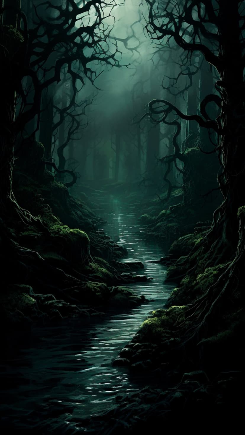 Twisted tree branches arch over a dark woodland stream reflecting a dim, ethereal light in a gloomy forest.