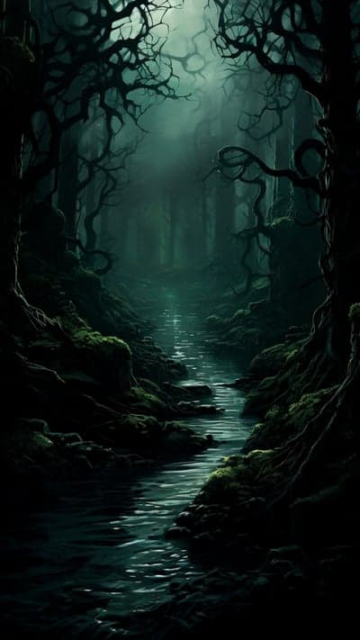 Eerie Dark Forest Stream with Gnarled Trees