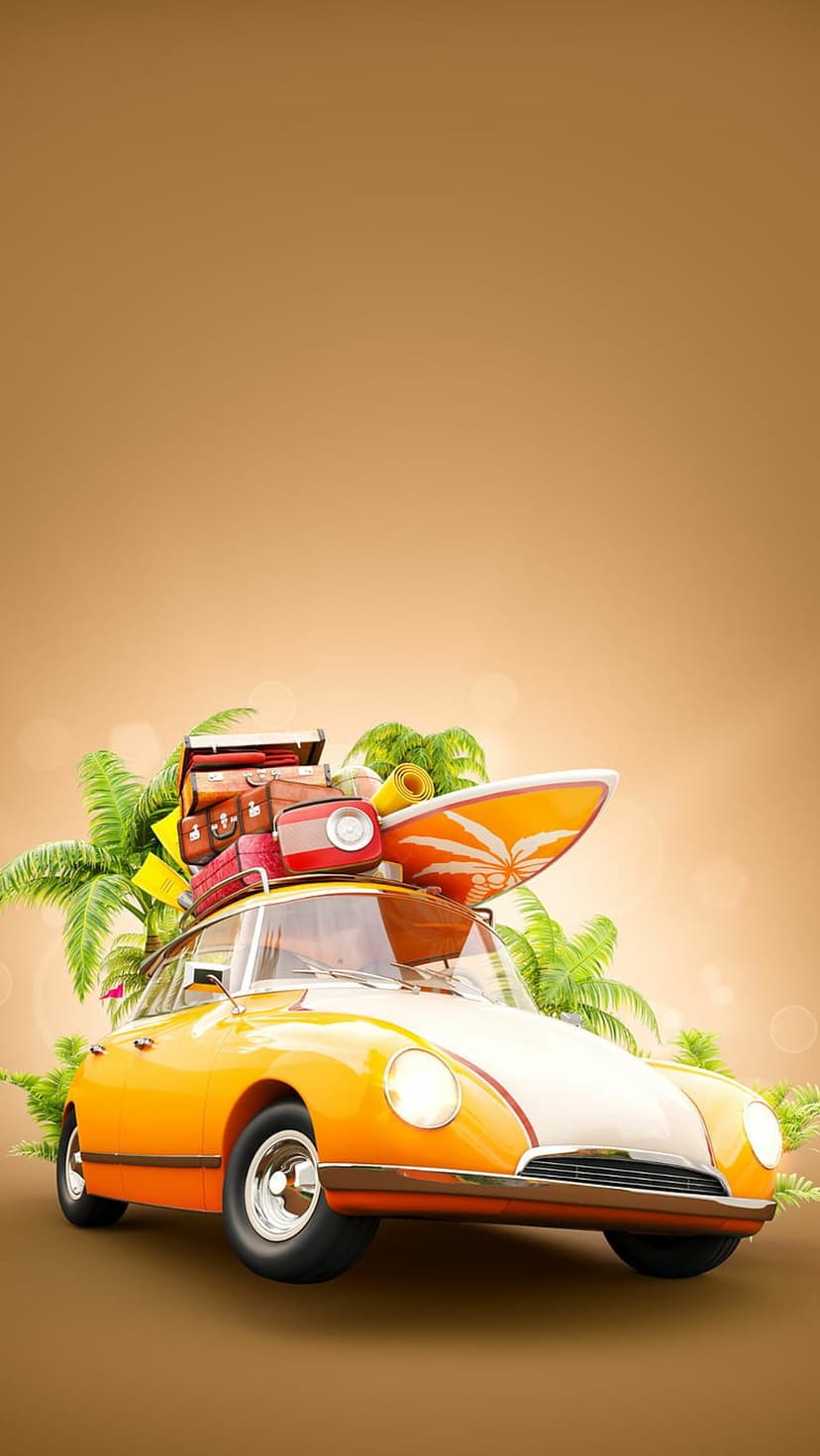 Orange vintage car with suitcases and a surfboard on its roof parked among palm trees with bokeh lighting.