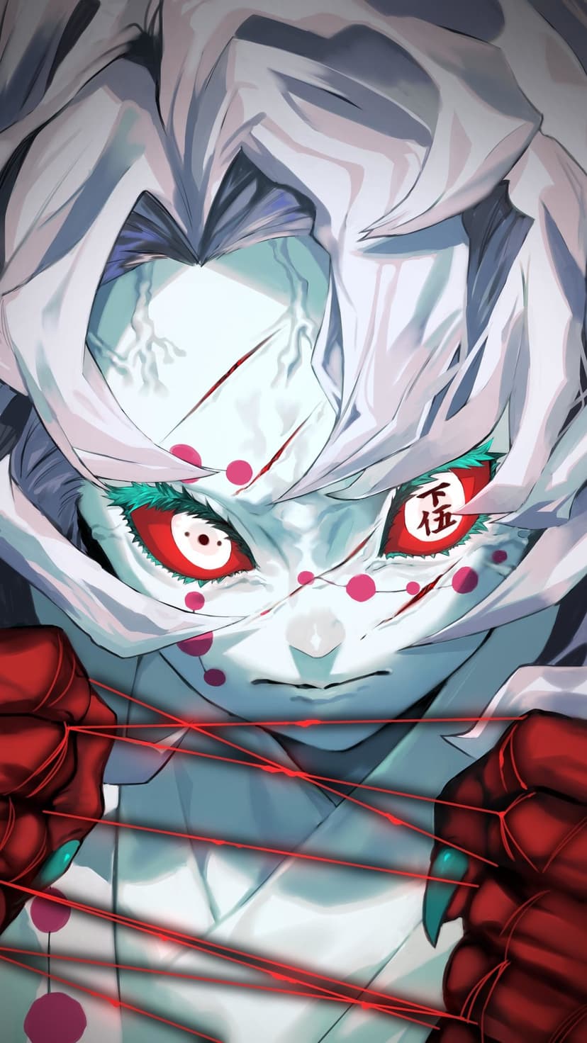 Rui from Demon Slayer with red eyes and white hair holds glowing crimson threads against a dark background.