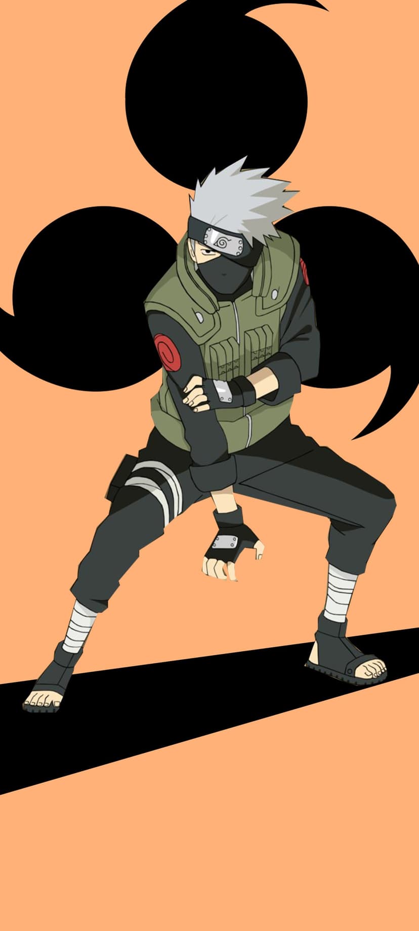 Kakashi Hatake stands in a combat pose wearing a green vest and mask with a vibrant orange tomoe background.
