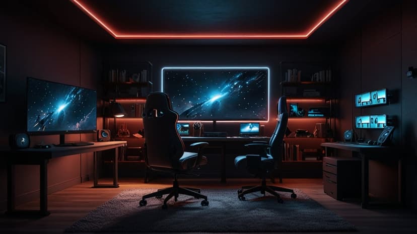 Two black ergonomic gaming chairs stand before glowing dual monitors displaying a purple and blue cosmic nebula.