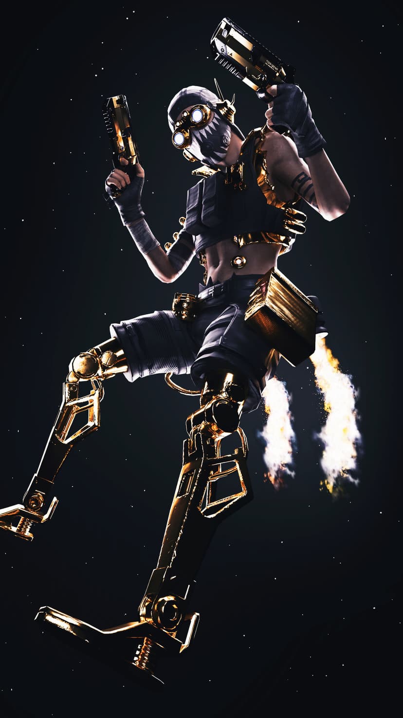 Octane wears golden mechanical armor while flying with jet boots and holding two gold pistols against stars.