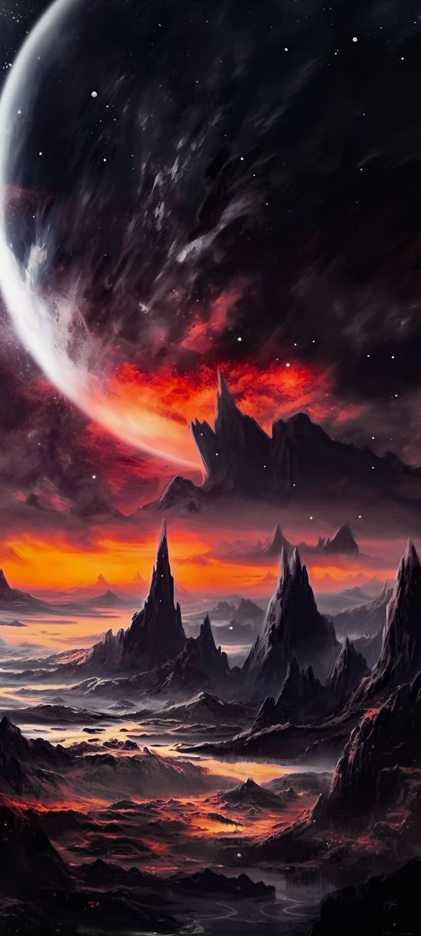 Jagged black mountains beneath a massive dark planet and a swirling red nebula with glowing molten rivers below.