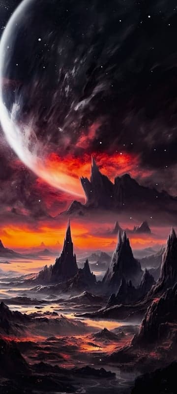 Alien Planet Landscape with Fiery Sky and Jagged Mountains