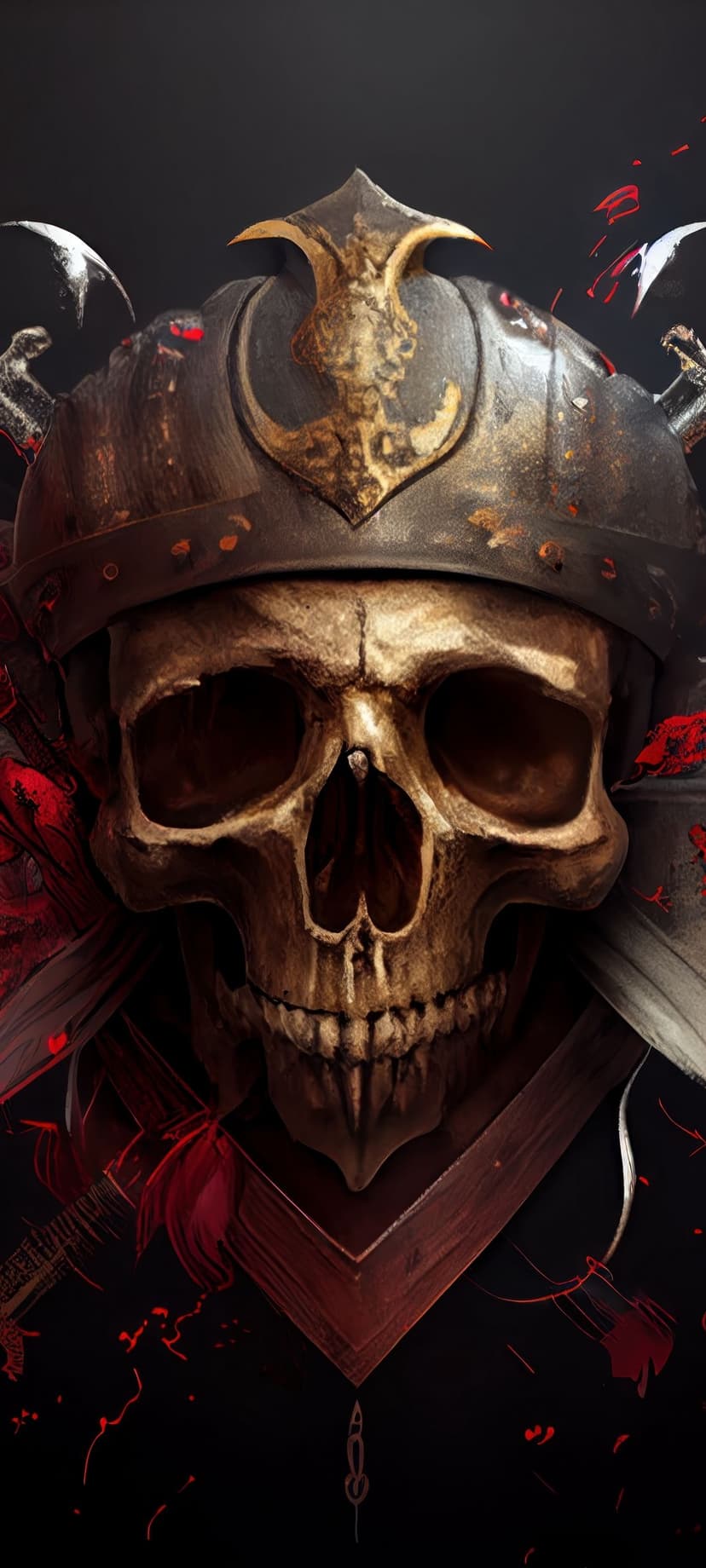 Human skull wearing a gold-accented metal helmet with dramatic red splashes against a dark, minimalist background.