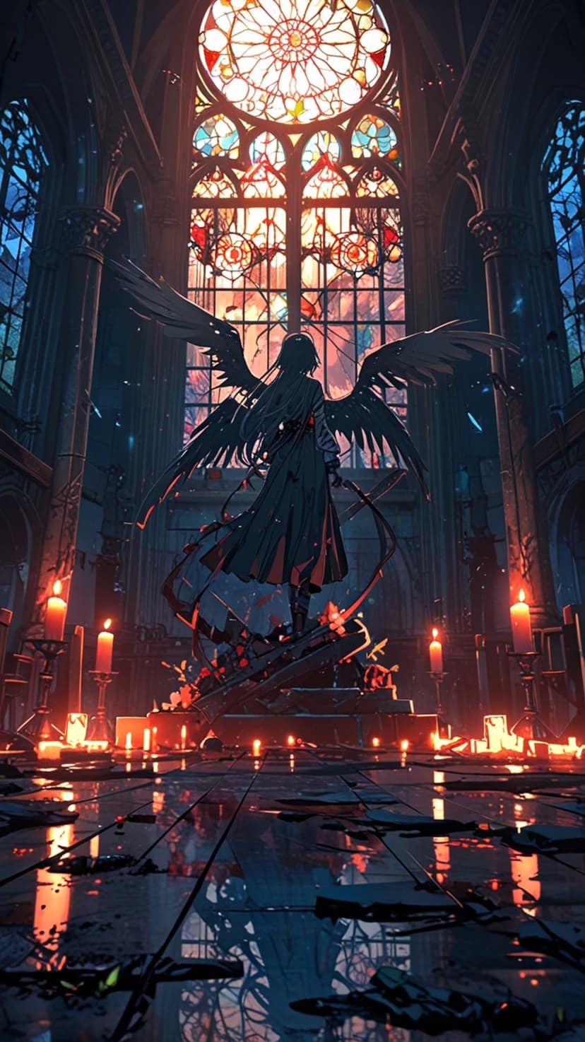 Black-winged angel stands in a dark stone cathedral illuminated by stained glass and flickering candles.