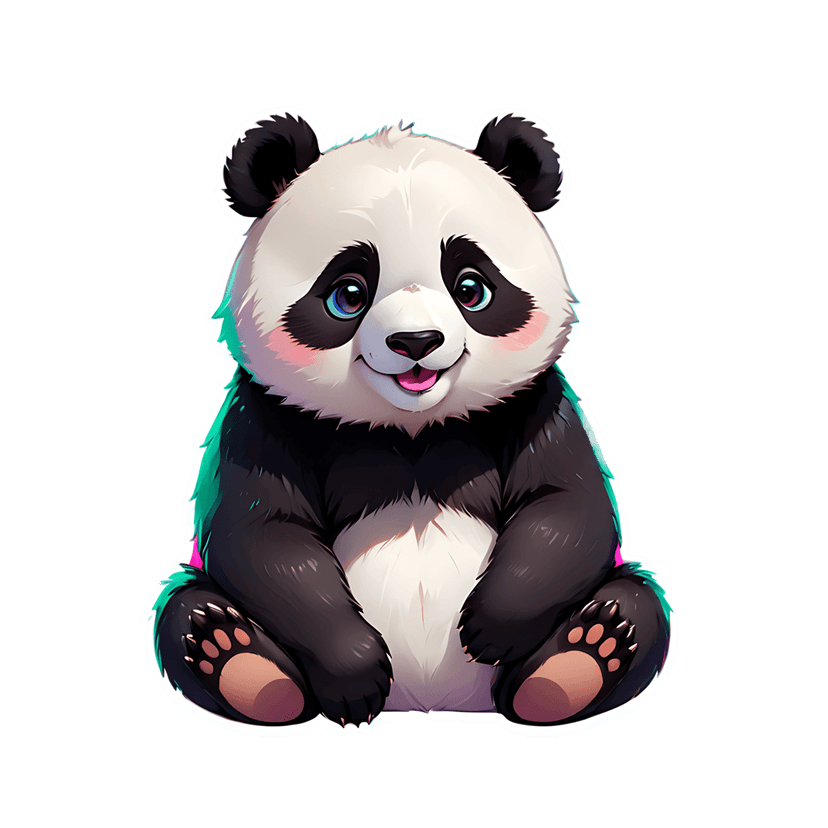 Panda bear sticker featuring neon magenta outlines, blue gradient eyes, and fluffy black white fur textures.