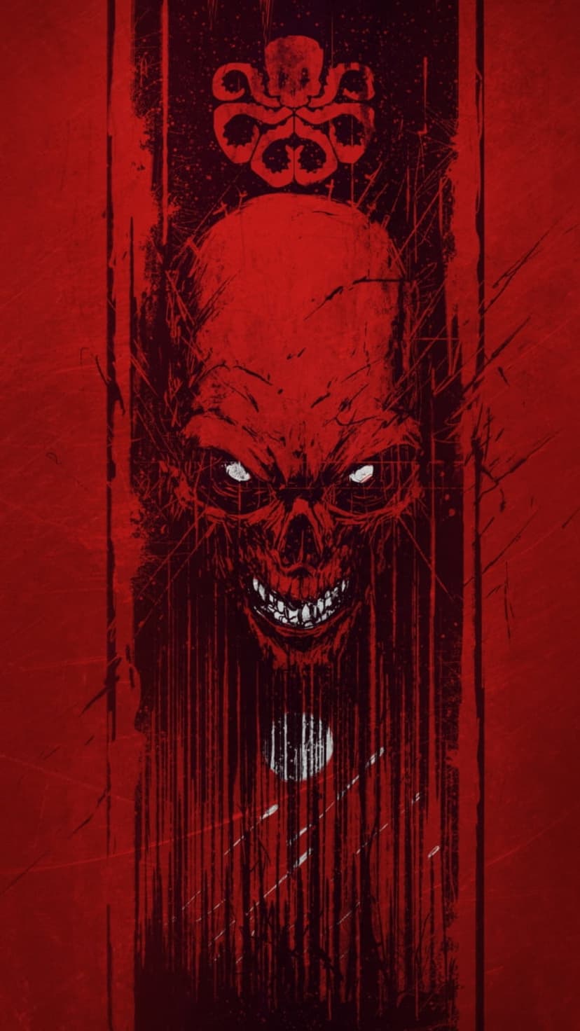 Red Skull symbol and Hydra emblem over a gritty, dripping crimson background with dark shadows and textures.