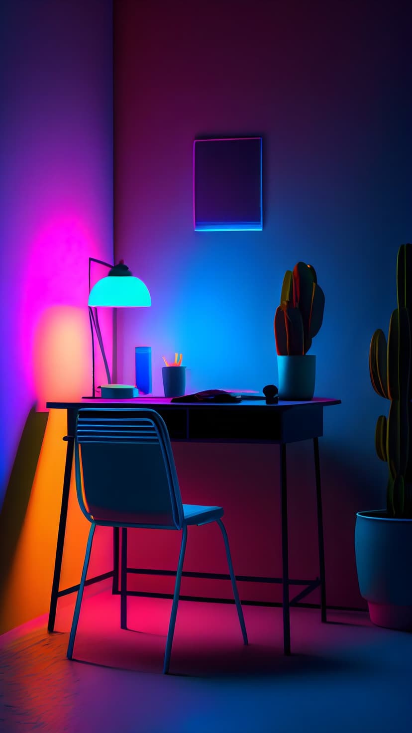 Ergonomic chair sits at a neon-lit desk with potted cacti and a glowing lamp under pink and blue lighting.