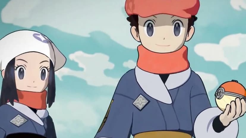 Rei and Akari in Hisuian Survey Corps uniforms under a blue sky, Rei holding an ancient wooden Poké Ball.