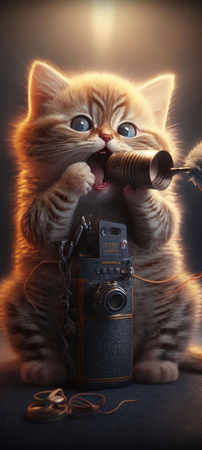 Ginger tabby kitten with blue eyes biting a vintage camera lens while sitting near antique photography equipment.